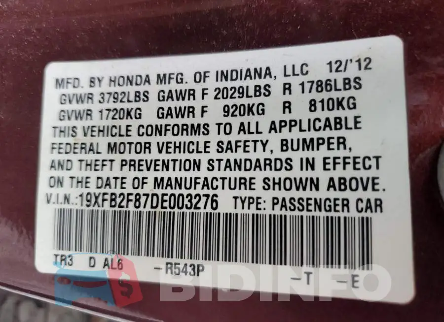 19XFB2F87DE003276 Photo# 10