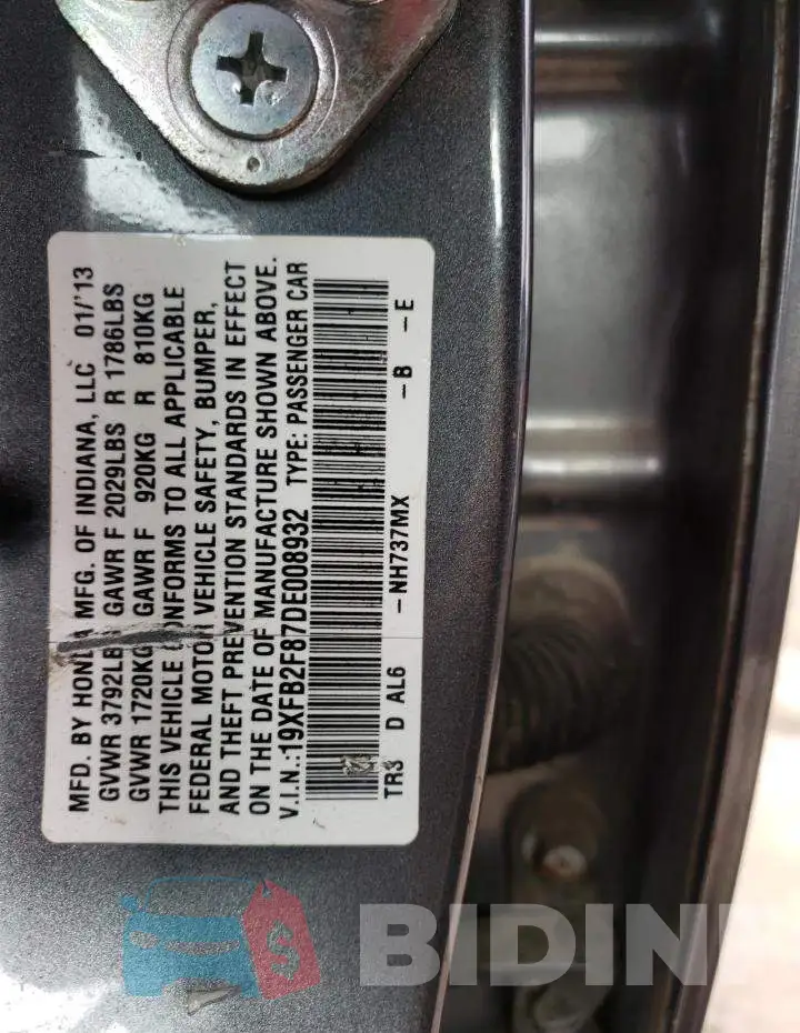 19XFB2F87DE008932 Photo# 10