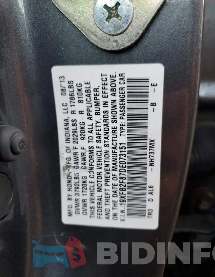 19XFB2F87DE073151 Photo# 10