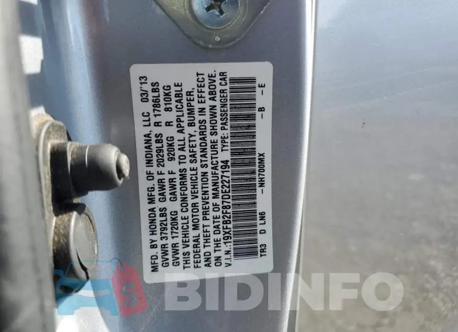 19XFB2F87DE227194 Photo# 12