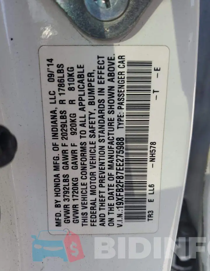 19XFB2F87EE275988 Photo# 10