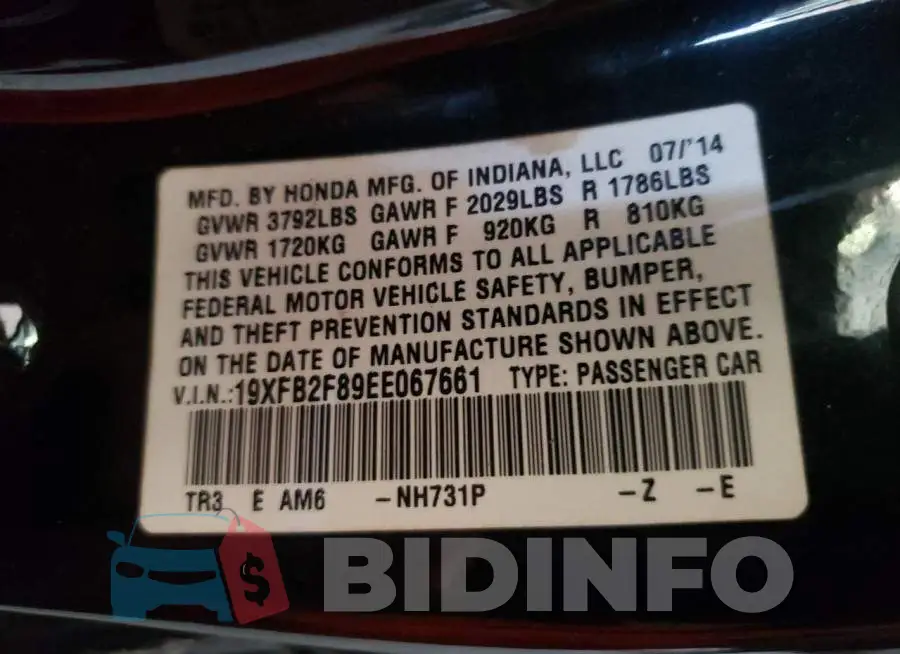 19XFB2F89EE067661 Photo# 10