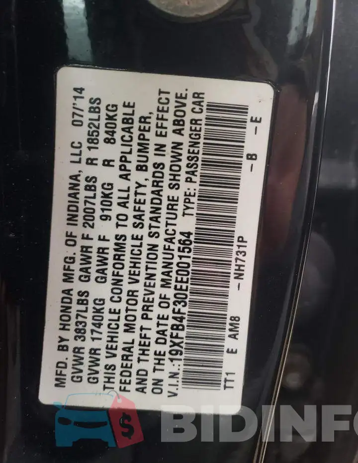 19XFB4F30EE001564 Photo# 10
