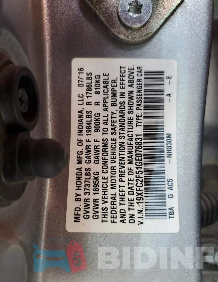 19XFC2F51GE076831 Photo# 10