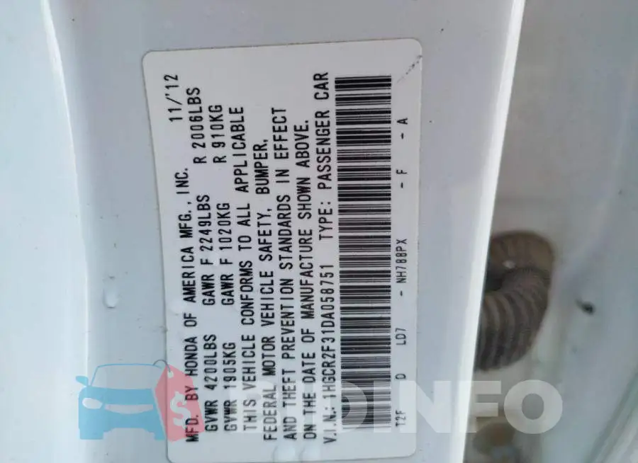 1HGCR2F31DA058751 Photo# 10