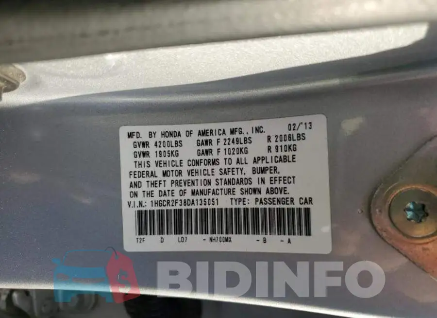1HGCR2F38DA135051 Photo# 10