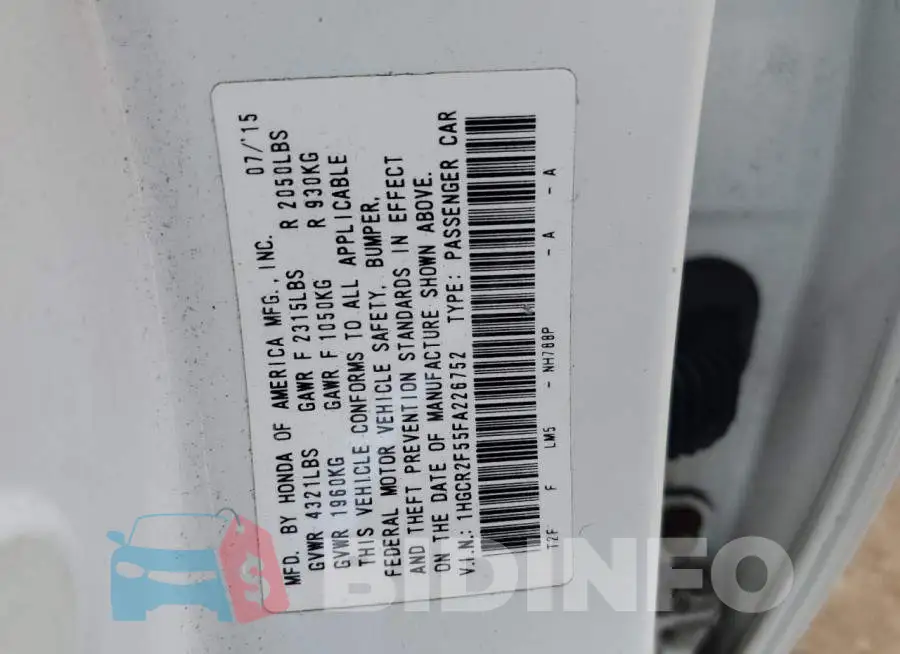 1HGCR2F55FA226752 Photo# 10