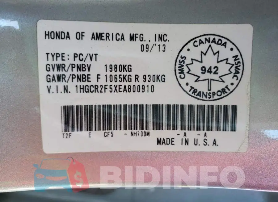 1HGCR2F5XEA800910 Photo# 10