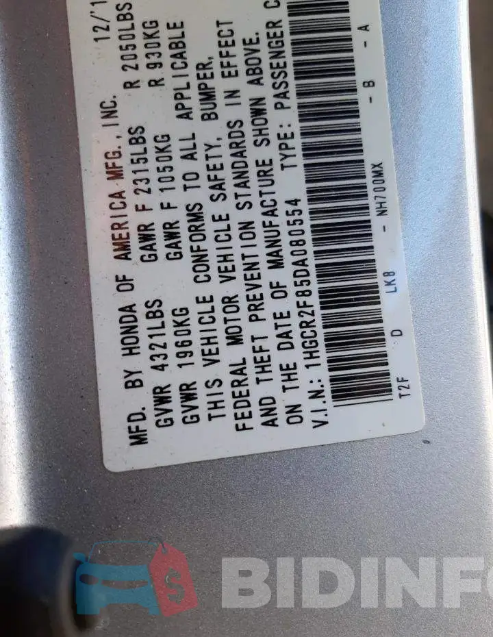1HGCR2F85DA080554 Photo# 10