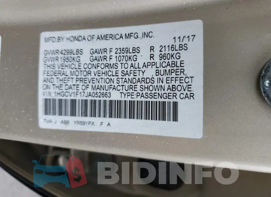 1HGCV1F17JA052663 Photo# 10