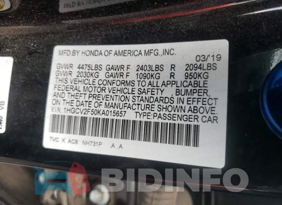 1HGCV2F50KA015657 Photo# 10