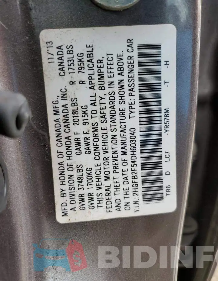 2HGFB2F54DH603040 Photo# 10