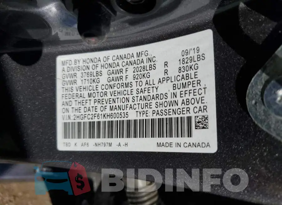 2HGFC2F61KH600535 Photo# 10