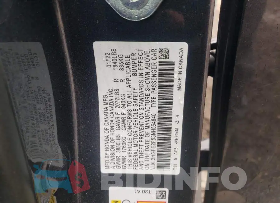 2HGFE2F53NH564840 Photo# 10