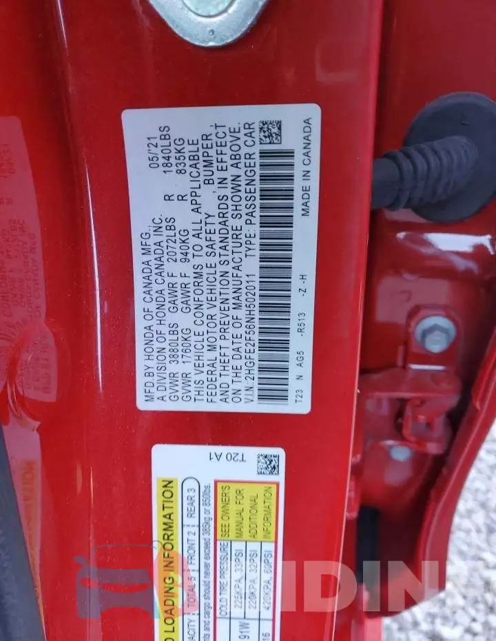 2HGFE2F56NH502011 Photo# 10