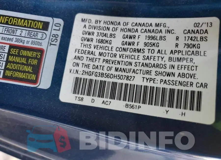 2HGFG3B56DH507827 Photo# 10