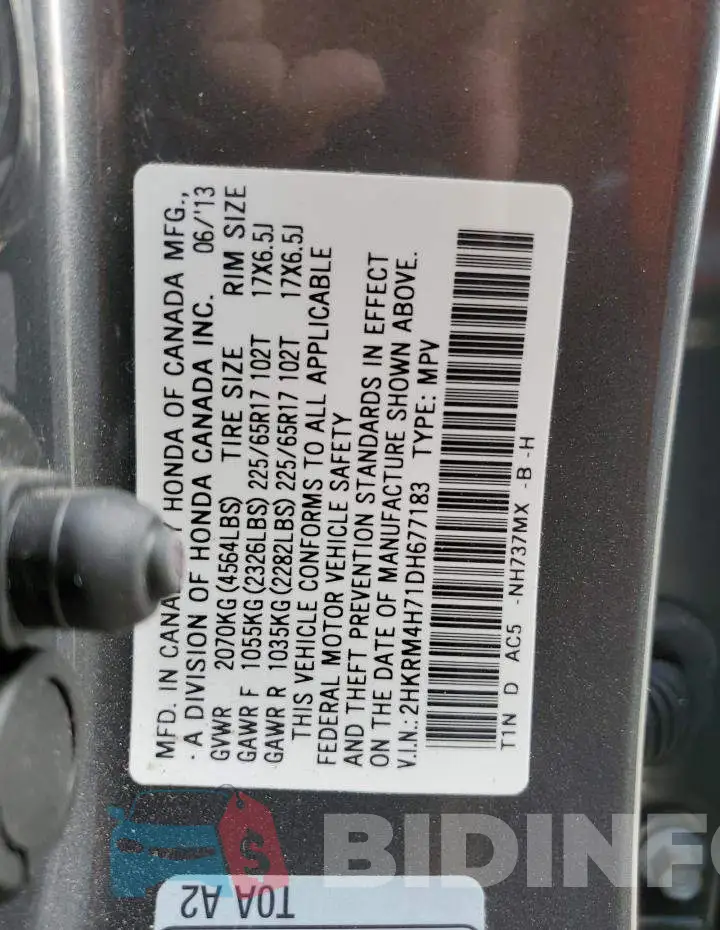 2HKRM4H71DH677183 Photo# 10