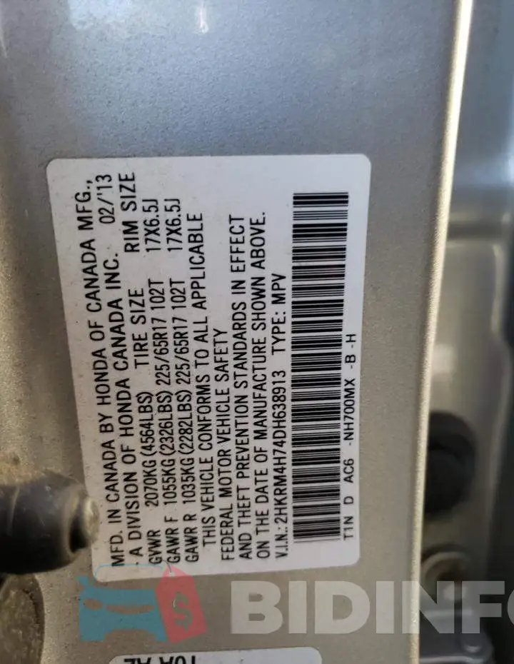 2HKRM4H74DH638913 Photo# 10