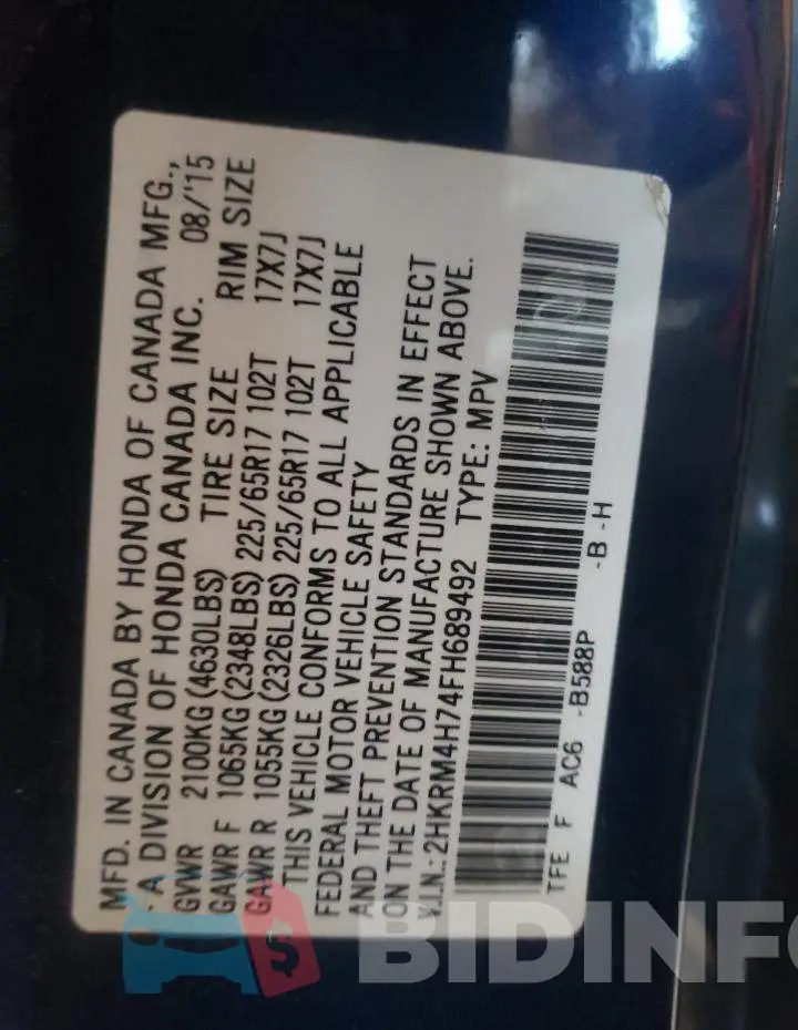 2HKRM4H74FH689492 Photo# 10