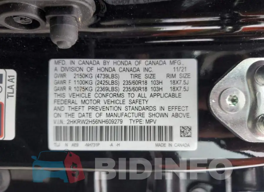 2HKRW2H56NH609279 Photo# 10