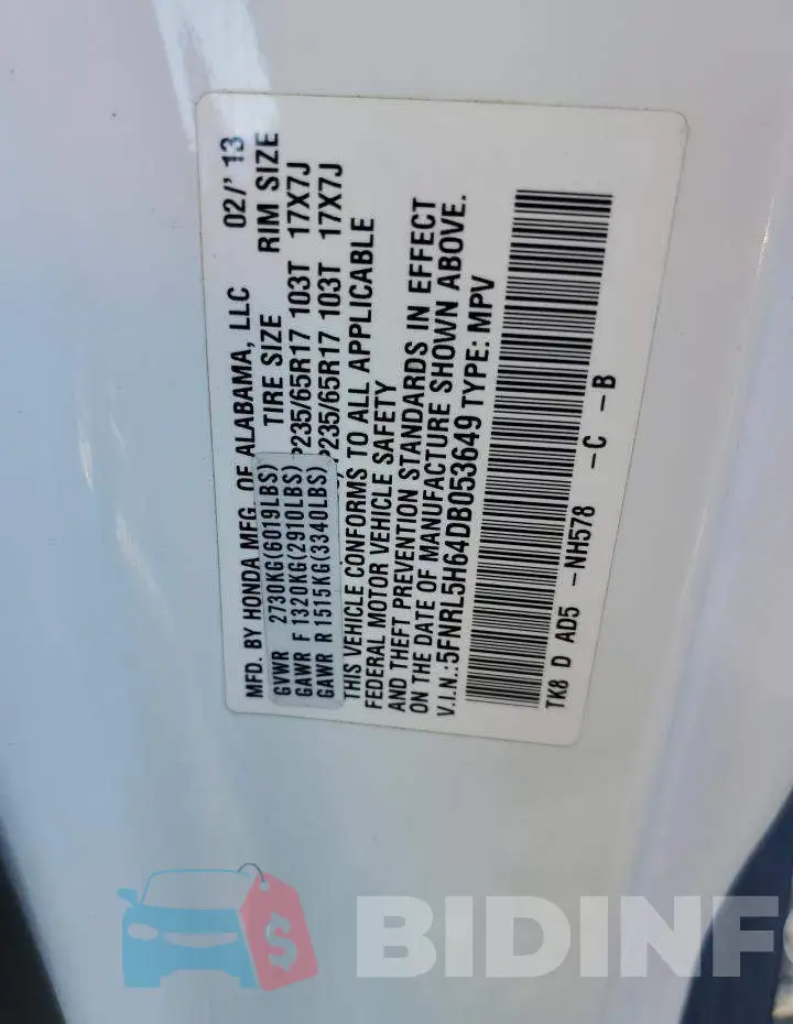 5FNRL5H64DB053649 Photo# 10