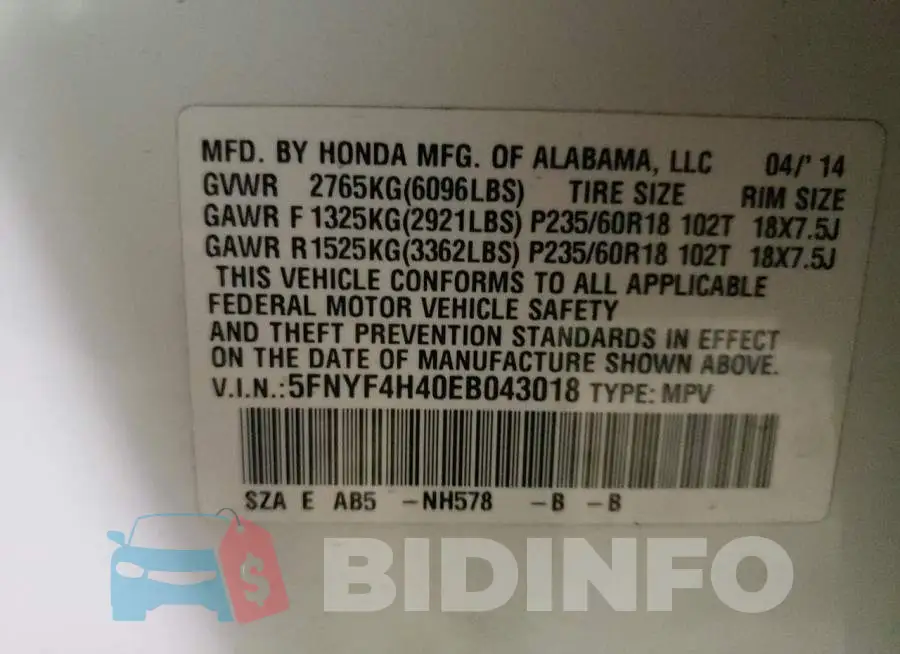 5FNYF4H40EB043018 Photo# 14