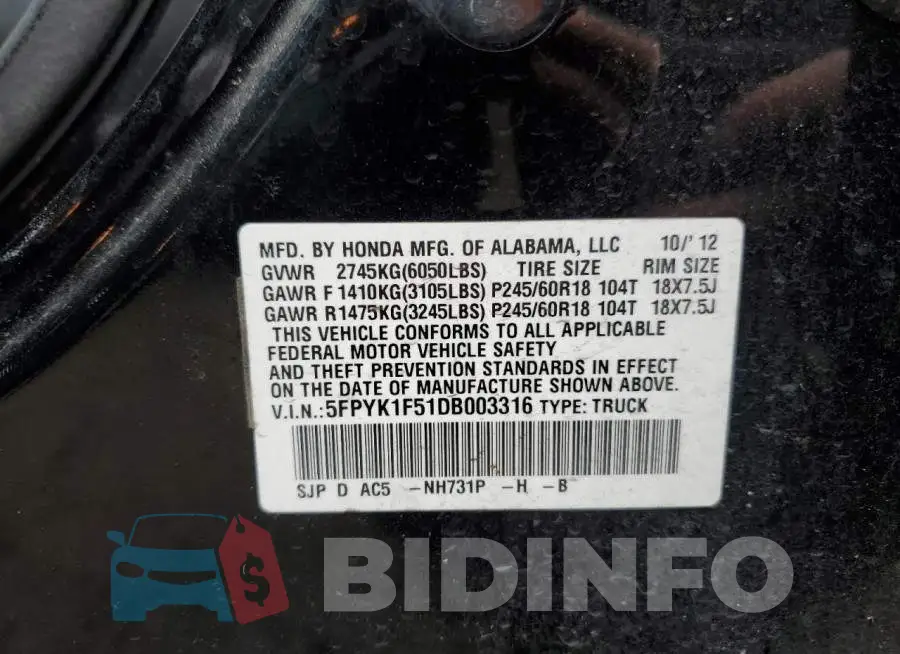 5FPYK1F51DB003316 Photo# 10