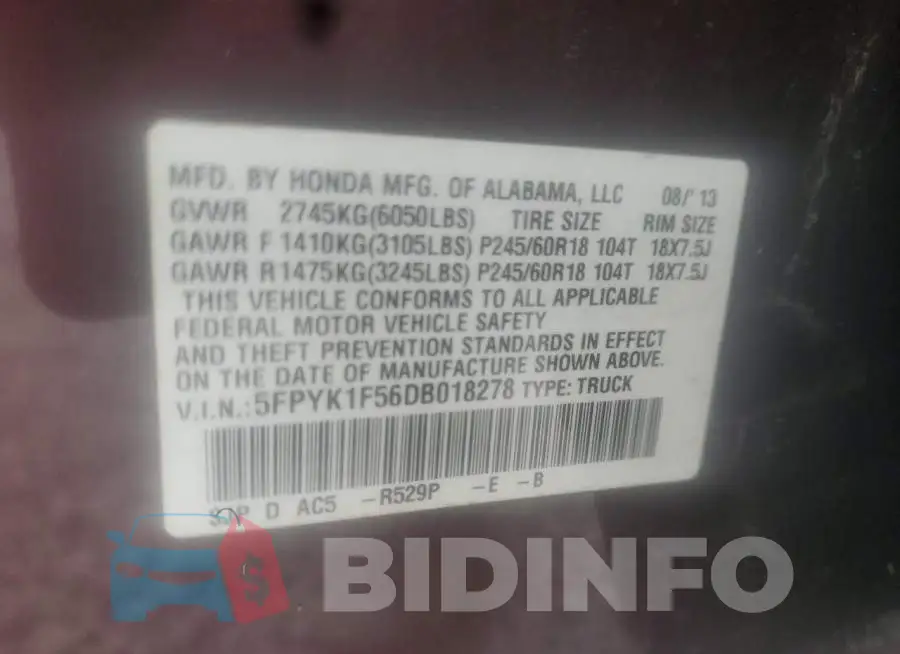 5FPYK1F56DB018278 Photo# 10