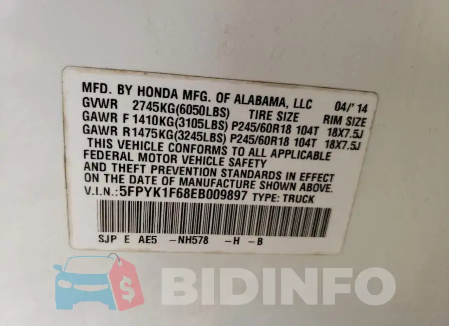 5FPYK1F68EB009897 Photo# 12