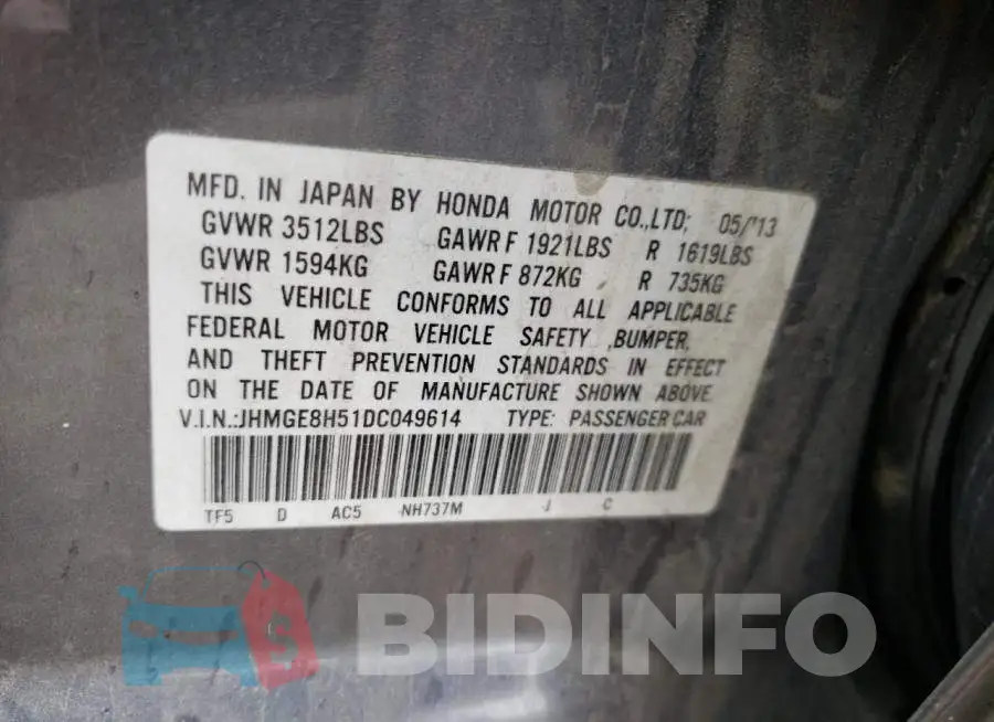 JHMGE8H51DC049614 Photo# 10