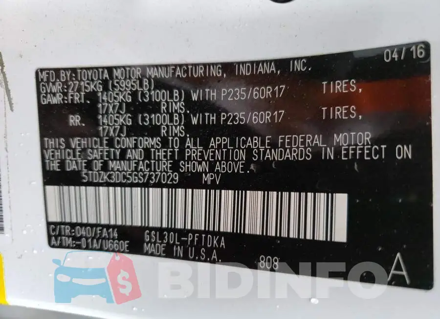 5TDZK3DC5GS737029 Photo# 13
