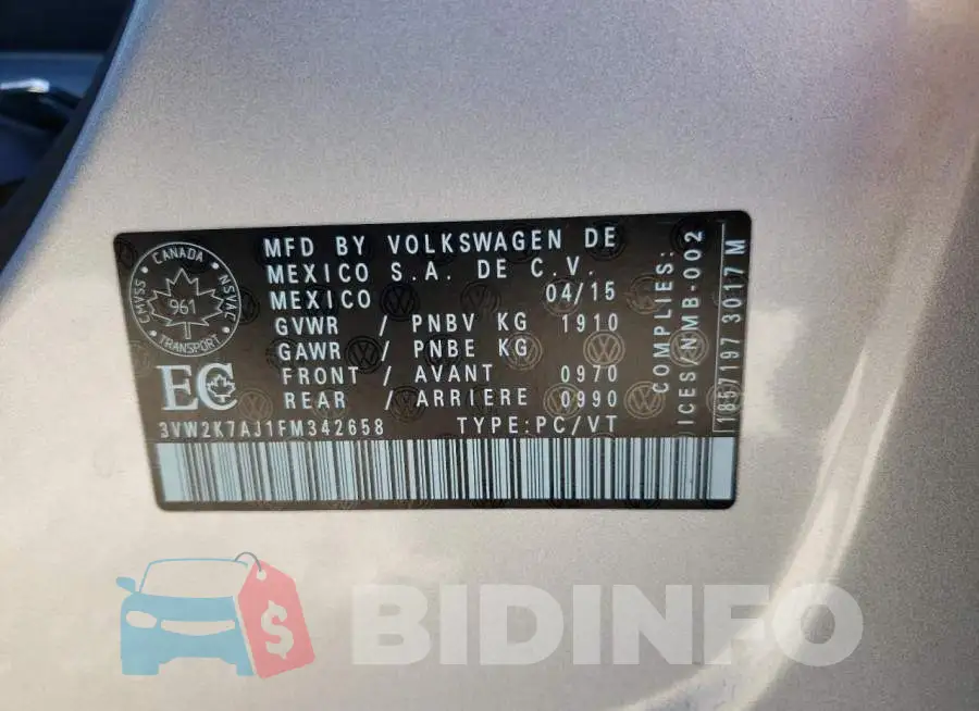3VW2K7AJ1FM342658 Photo# 10