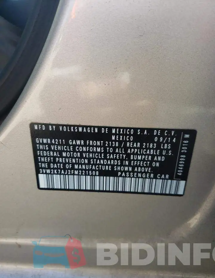 3VW2K7AJ2FM221508 Photo# 10