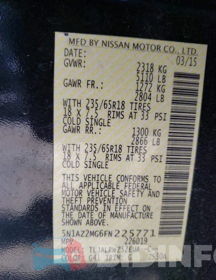 5N1AZ2MG6FN225771 Photo# 10