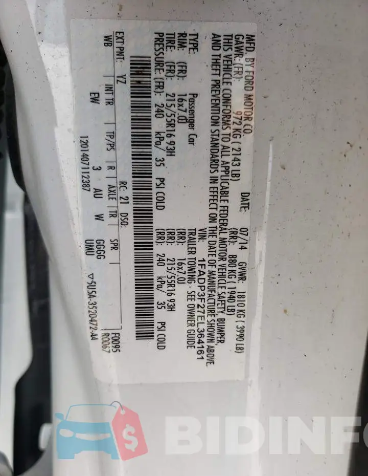 1FADP3F27EL364161 Photo# 10