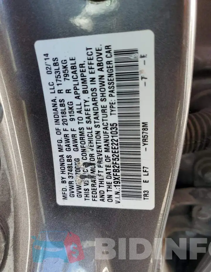 19XFB2F52EE221035 Photo# 10