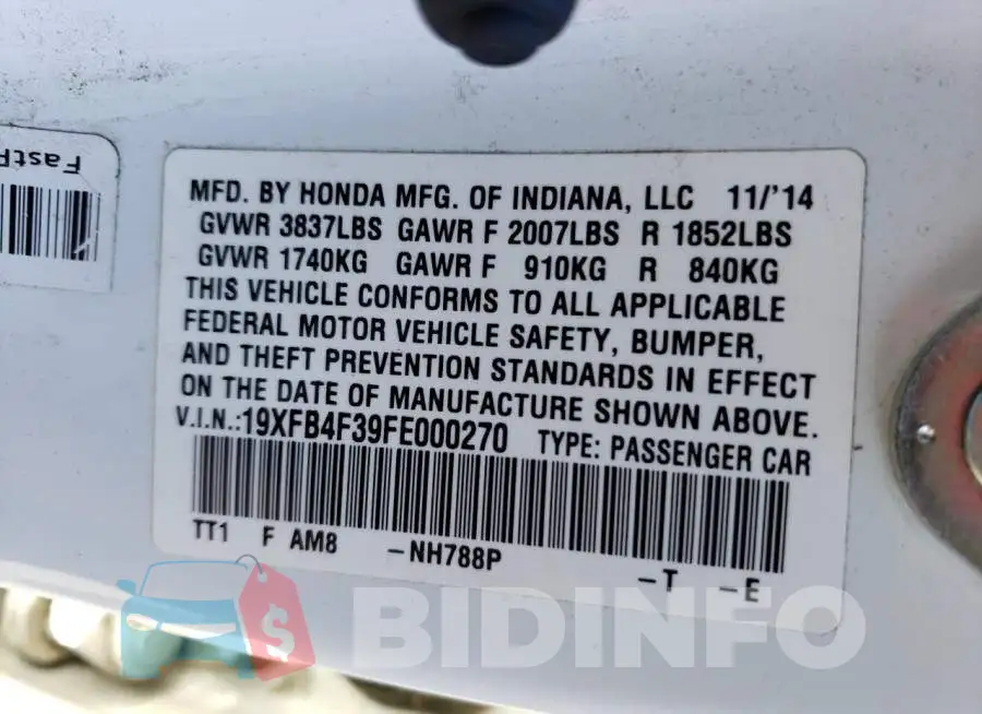 19XFB4F39FE000270 Photo# 12
