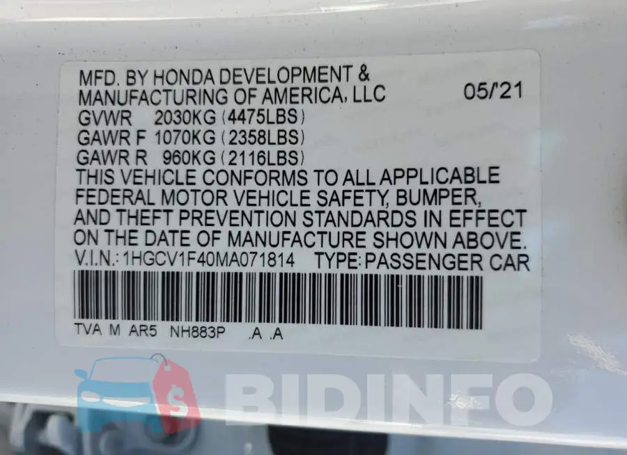 1HGCV1F40MA071814 Photo# 10