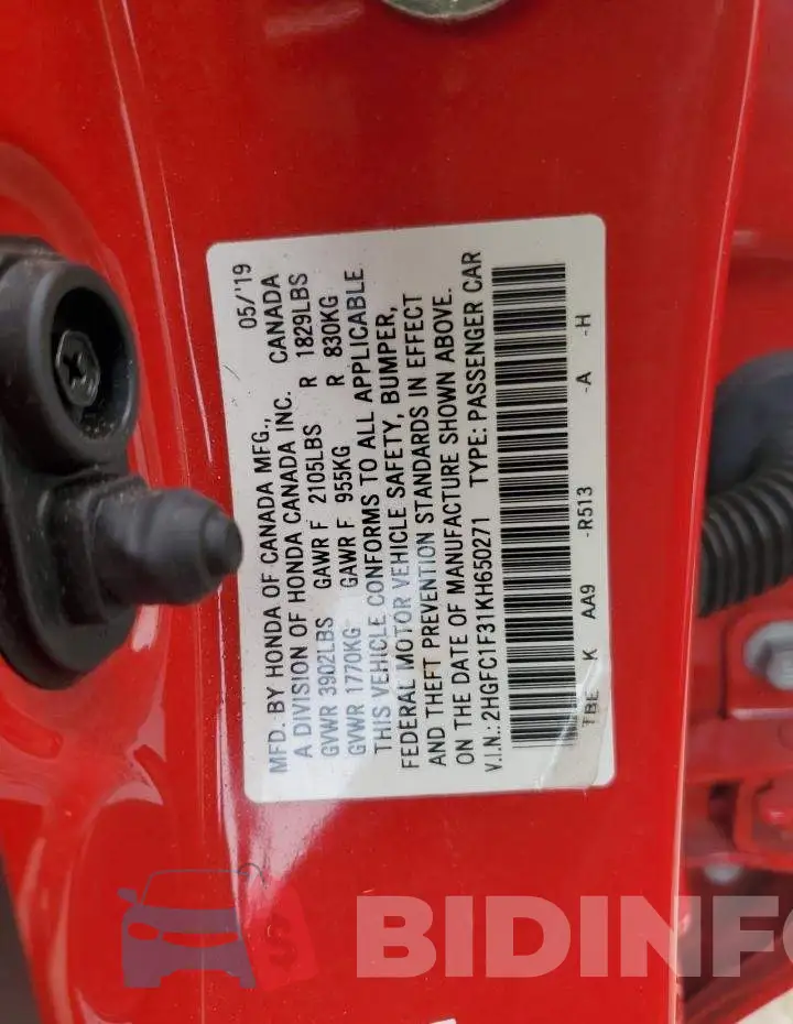 2HGFC1F31KH650271 Photo# 10