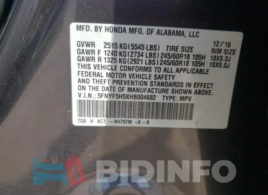 5FNYF5H5XHB004682 Photo# 10
