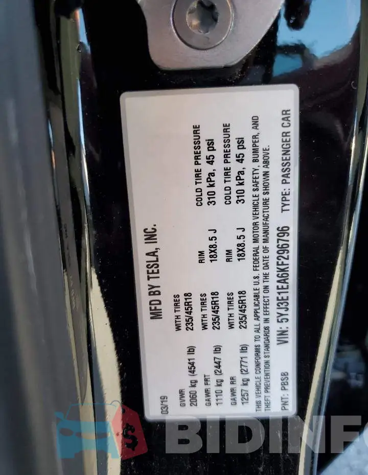 5YJ3E1EA6KF296796 Photo# 10