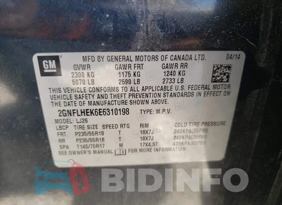 2GNFLHEK6E6310198 Photo# 10
