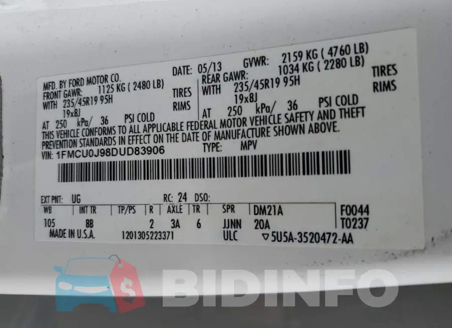 1FMCU0J98DUD83906 Photo# 12
