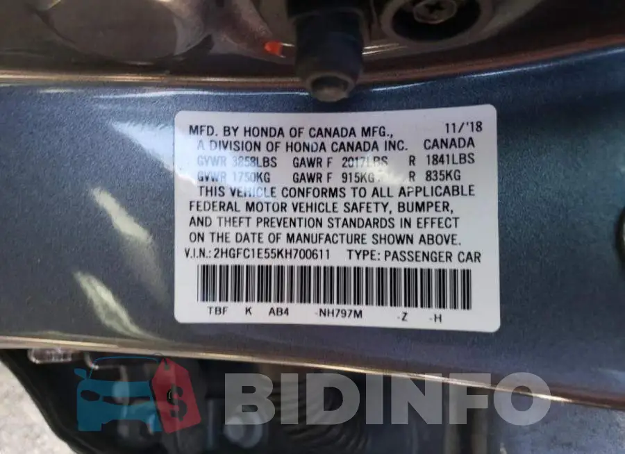 2HGFC1E55KH700611 Photo# 10