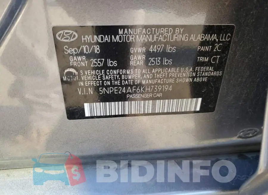 5NPE24AF6KH739194 Photo# 10