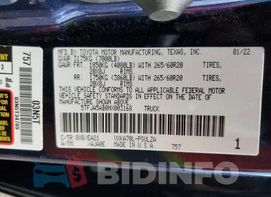 5TFJA5AB0NX003168 Photo# 12