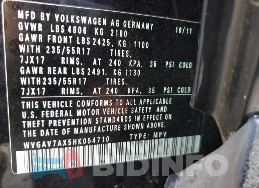 WVGAV7AX5HK054710 Photo# 10