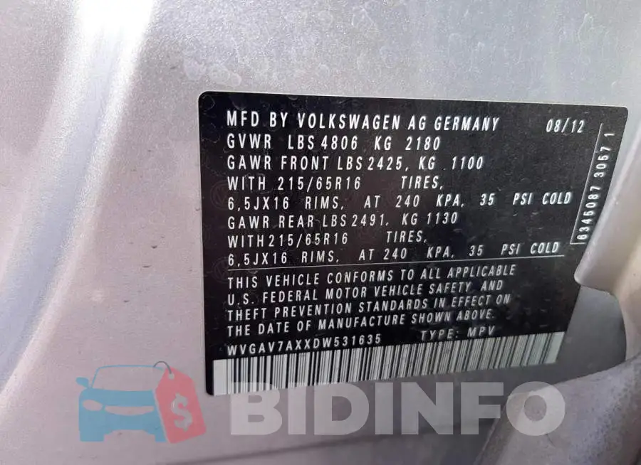 WVGAV7AXXDW531635 Photo# 10