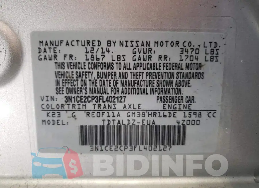 3N1CE2CP3FL402127 Photo# 10