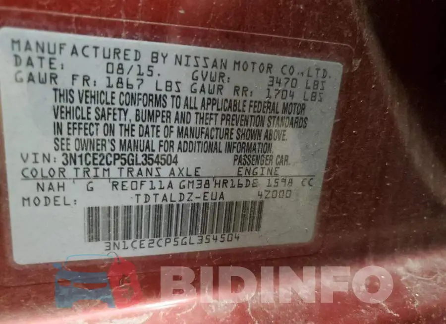 3N1CE2CP5GL354504 Photo# 10